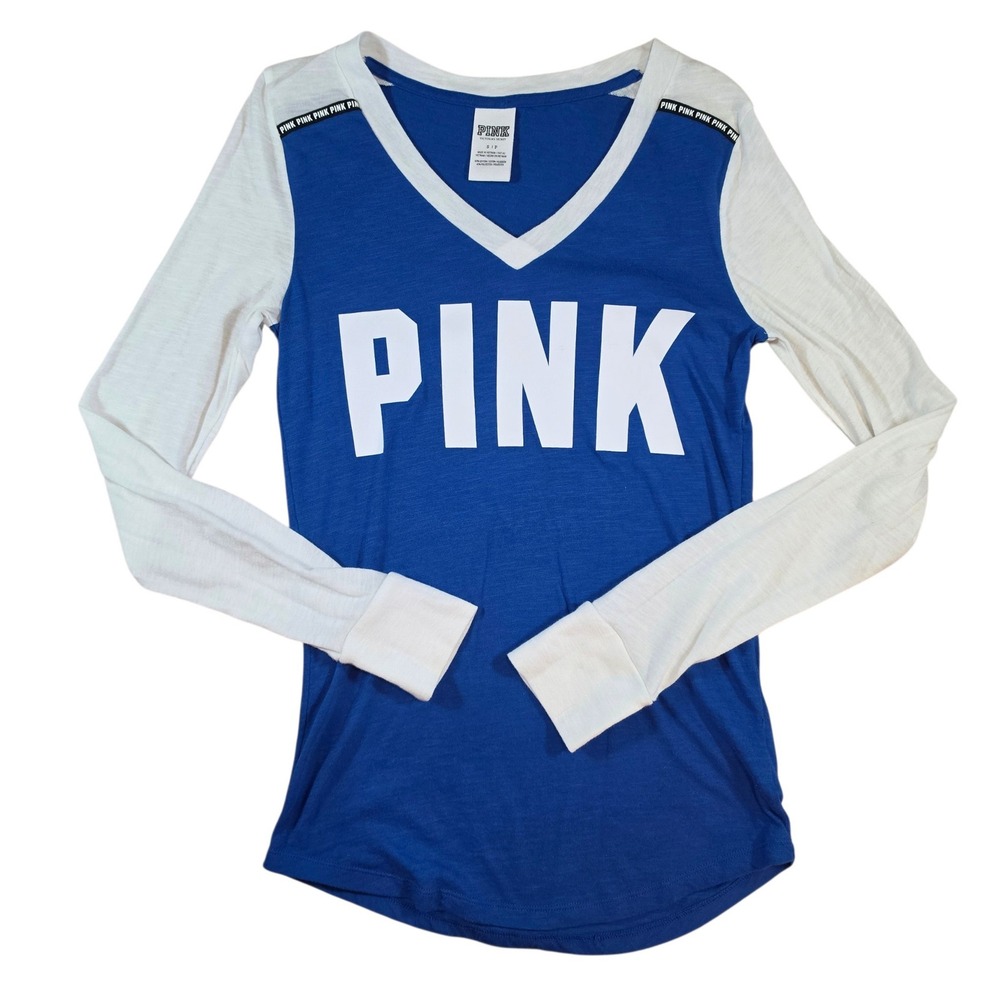 PINK Victoria's Secret Women Small Long Sleeve Tee Blue White V-Neck Logo 2015